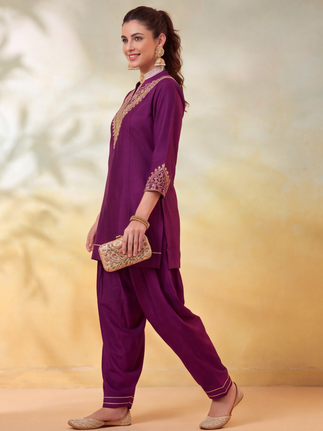 Women Embroidery Wine Kurta Set with Dupatta
