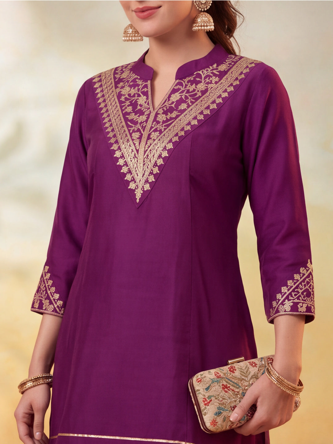 Women Embroidery Wine Kurta Set with Dupatta