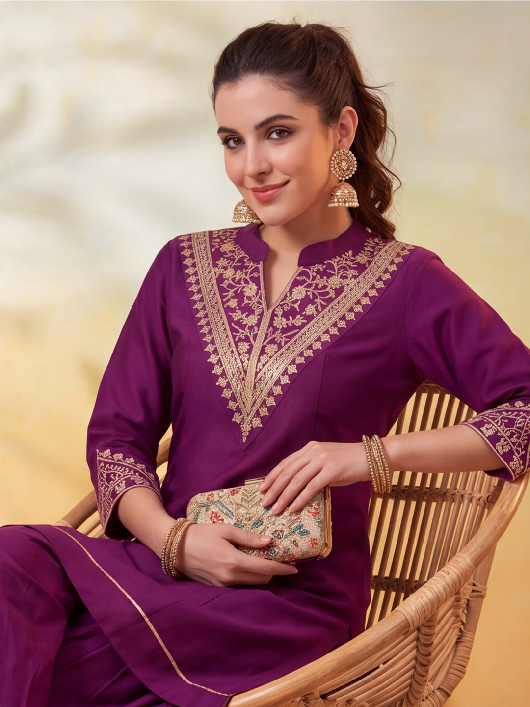 Women Embroidery Wine Kurta Set with Dupatta