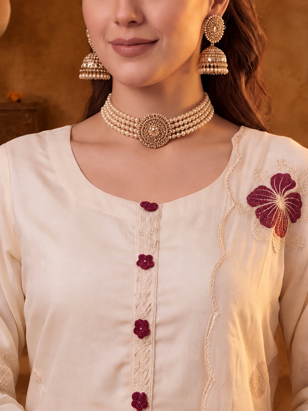 Women Floral Embroidery Cream Kurta Set with Dupatta
