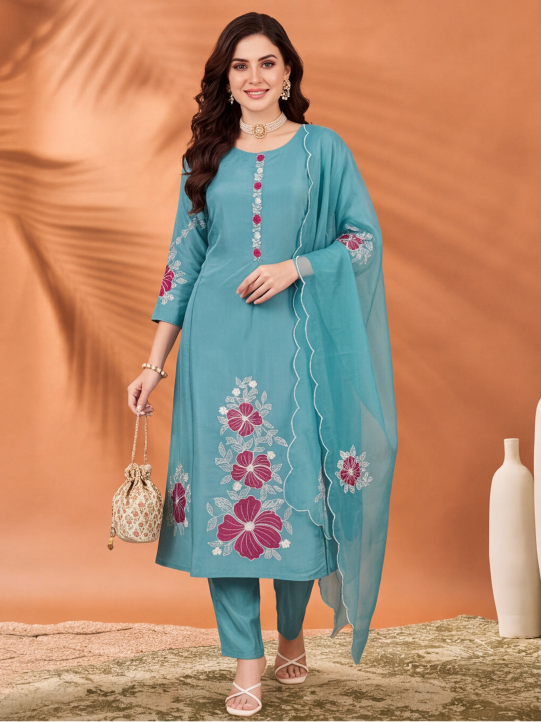 Women's Sky Blue Floral Embroidered Kurta Set with Dupatta | Straight Ethnic Festive Suit