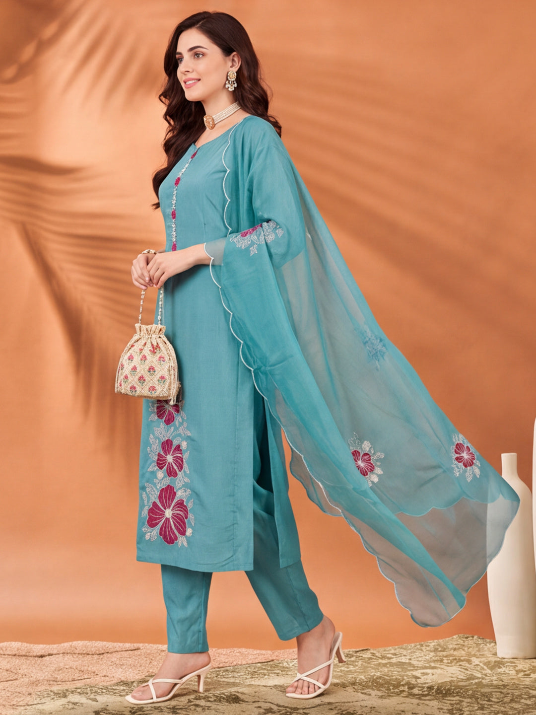 Women's Sky Blue Floral Embroidered Kurta Set with Dupatta | Straight Ethnic Festive Suit