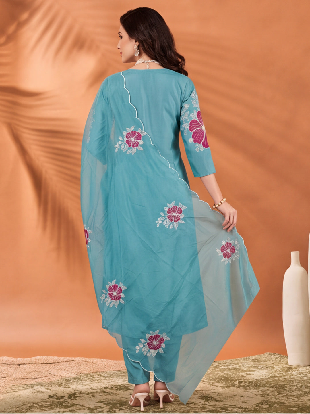 Women's Sky Blue Floral Embroidered Kurta Set with Dupatta | Straight Ethnic Festive Suit
