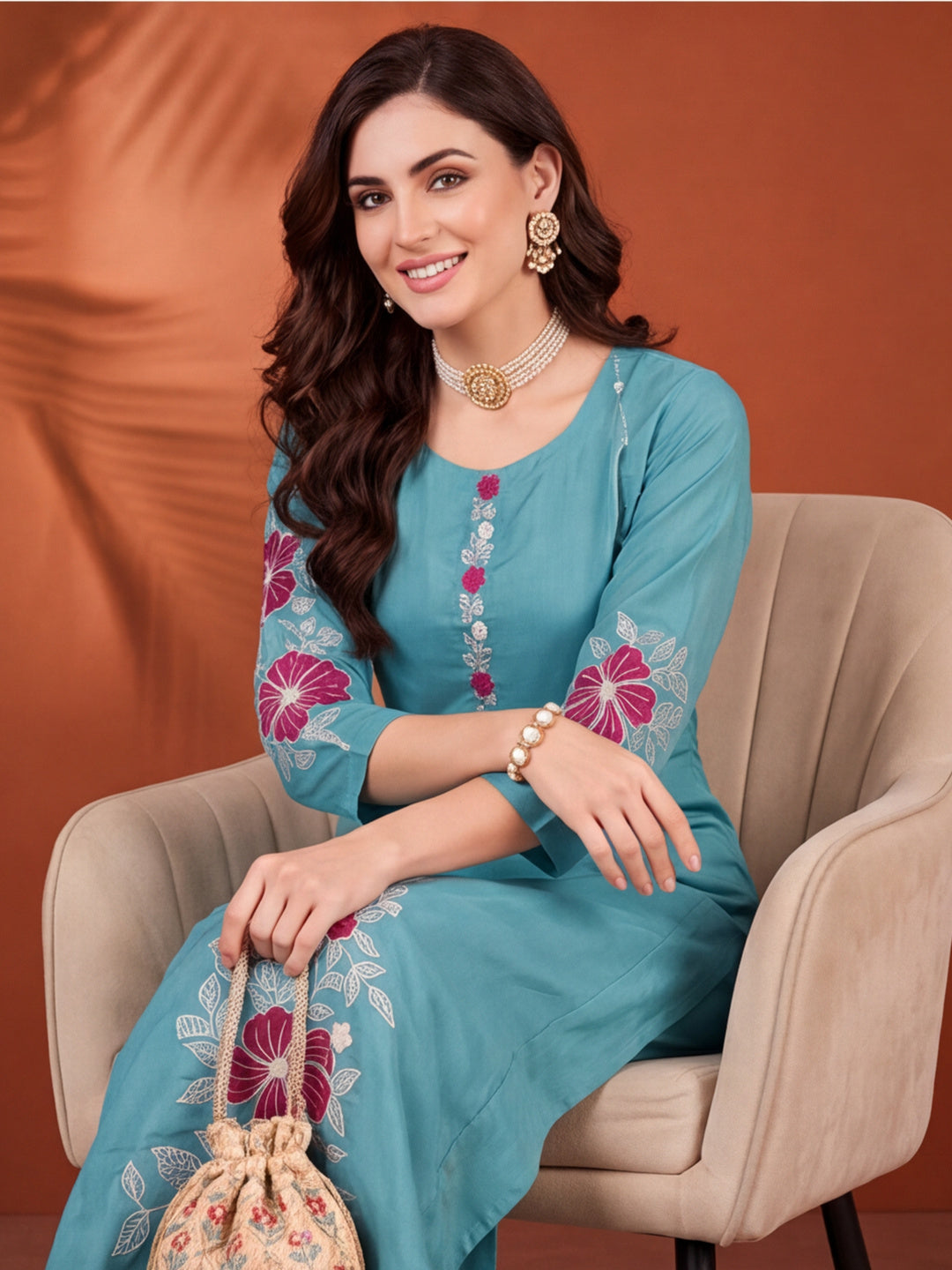 Women's Sky Blue Floral Embroidered Kurta Set with Dupatta | Straight Ethnic Festive Suit