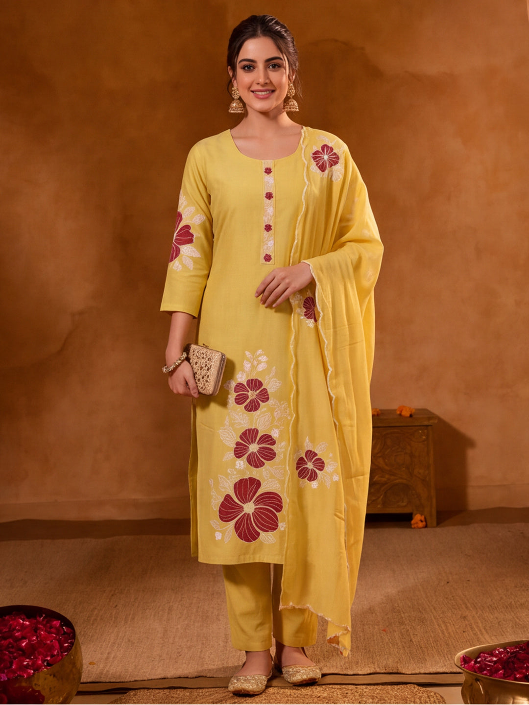 Women Floral Embroidery Yellow Kurta Set with Dupatta