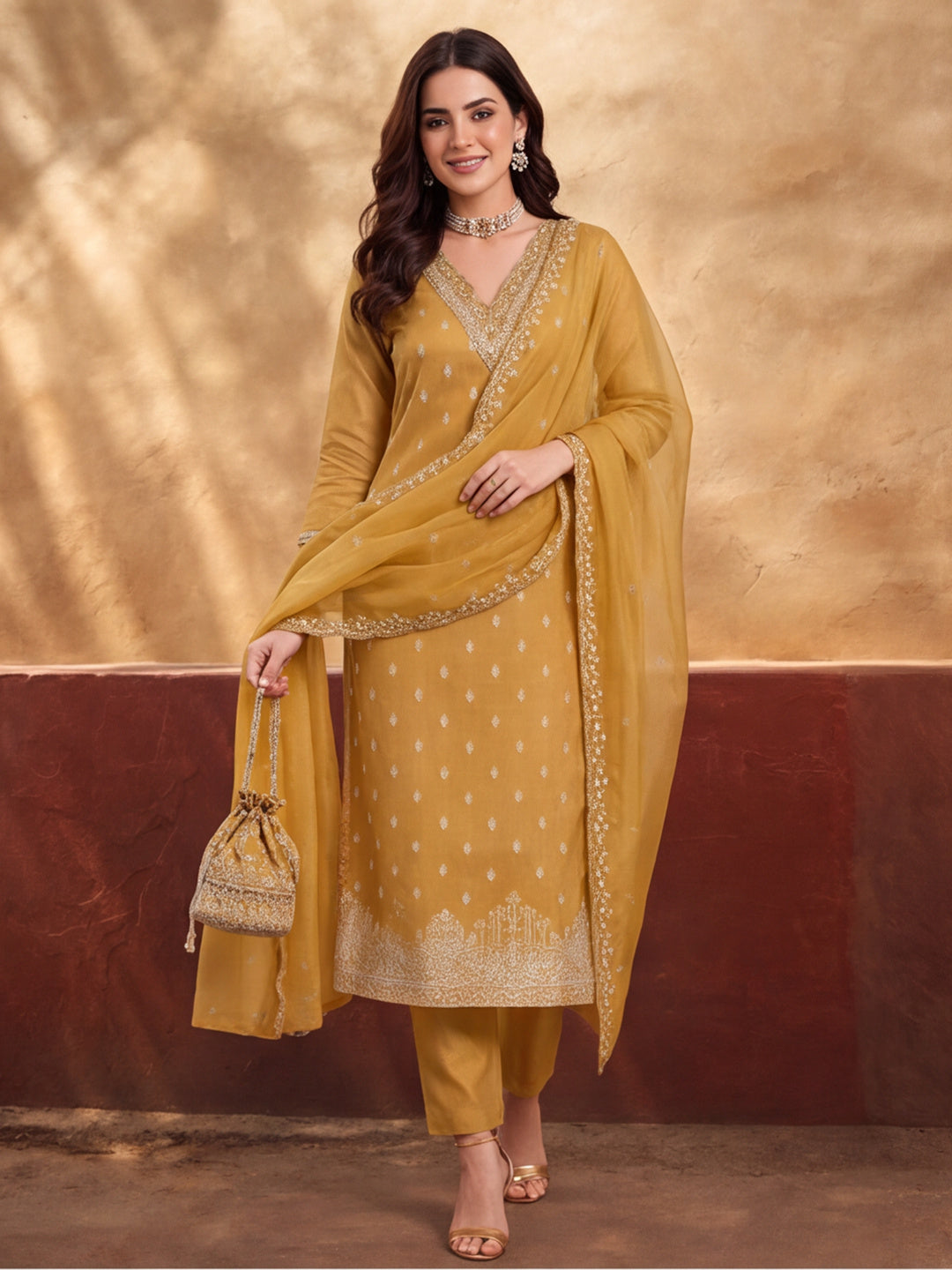 Women's Mustard Embroidered Kurta Set with Dupatta | Festive Straight Ethnic Party Wear Suit