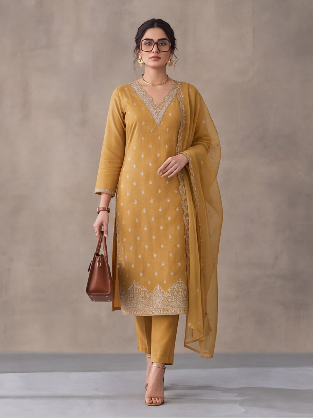 Women's Mustard Embroidered Kurta Set with Dupatta | Festive Straight Ethnic Party Wear Suit