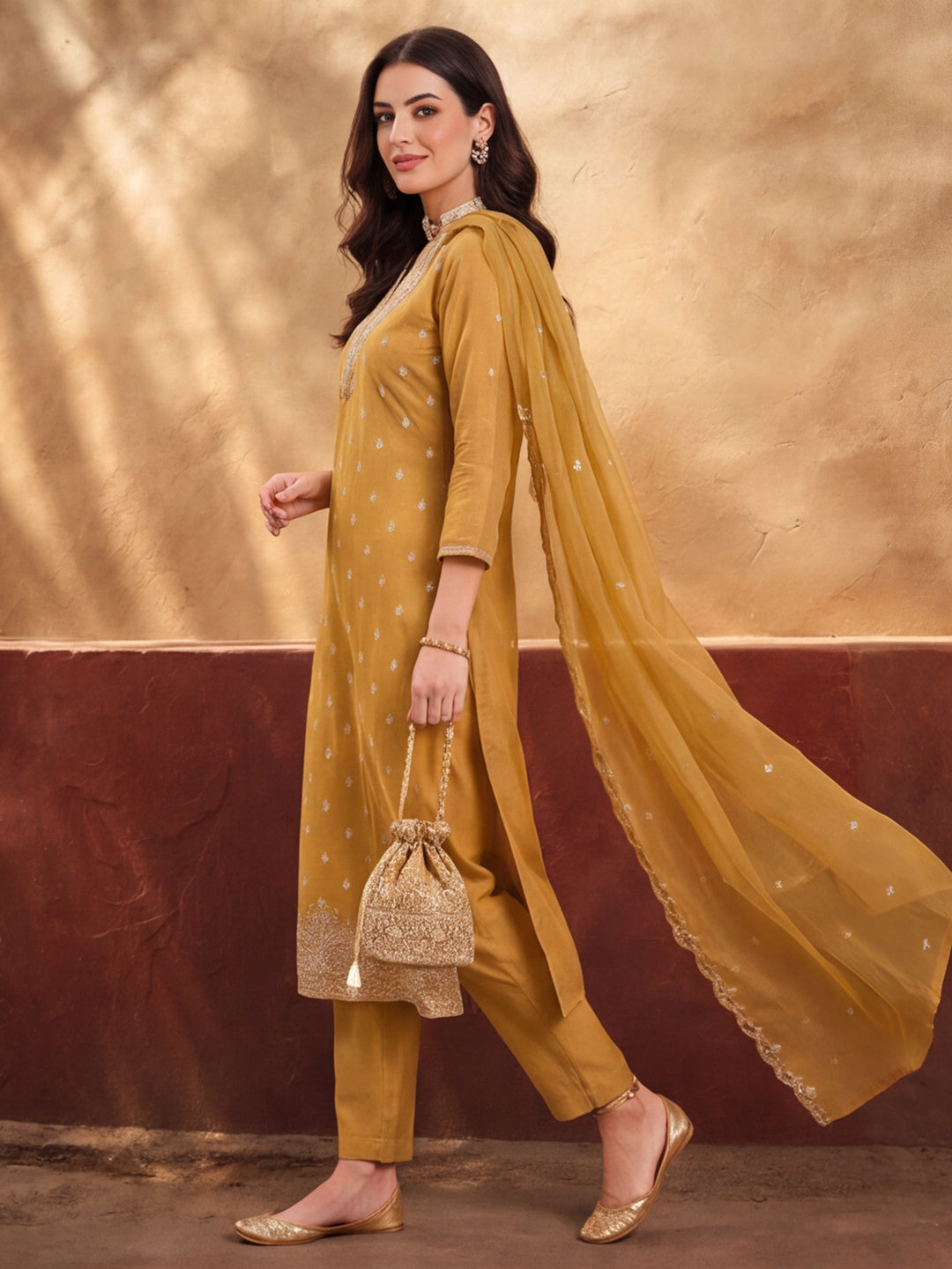 Women's Mustard Embroidered Kurta Set with Dupatta | Festive Straight Ethnic Party Wear Suit