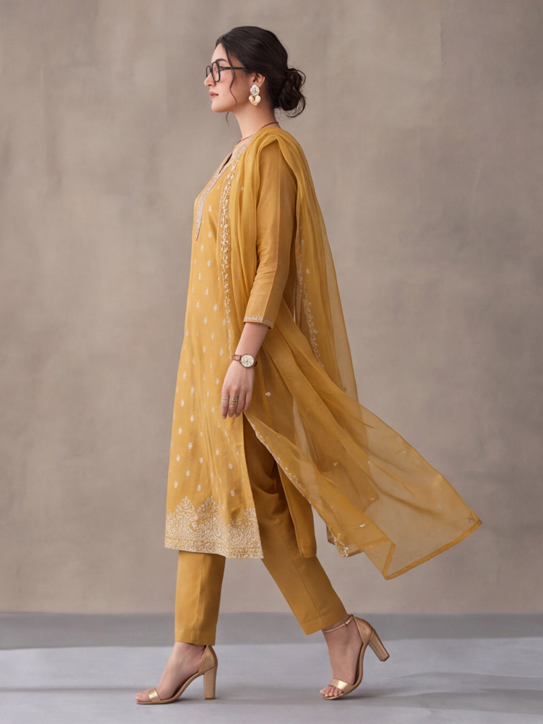 Women's Mustard Embroidered Kurta Set with Dupatta | Festive Straight Ethnic Party Wear Suit
