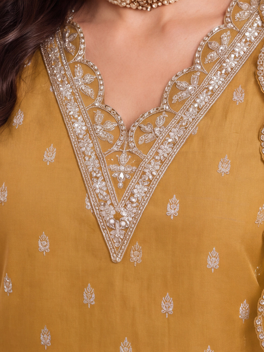 Women's Mustard Embroidered Kurta Set with Dupatta | Festive Straight Ethnic Party Wear Suit