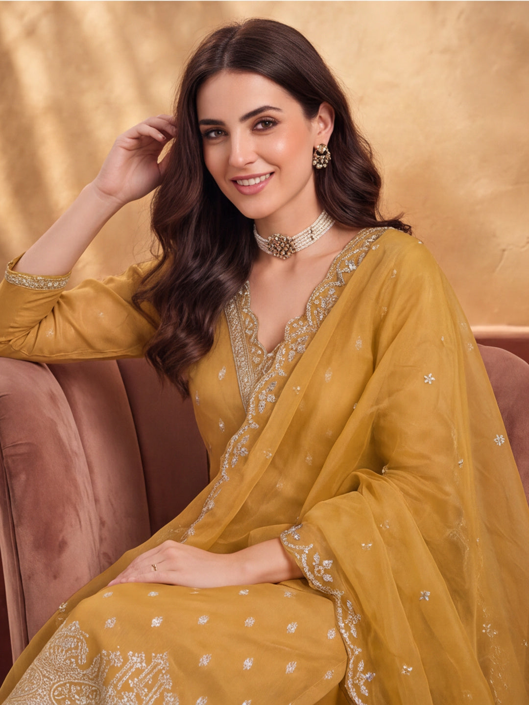 Women's Mustard Embroidered Kurta Set with Dupatta | Festive Straight Ethnic Party Wear Suit