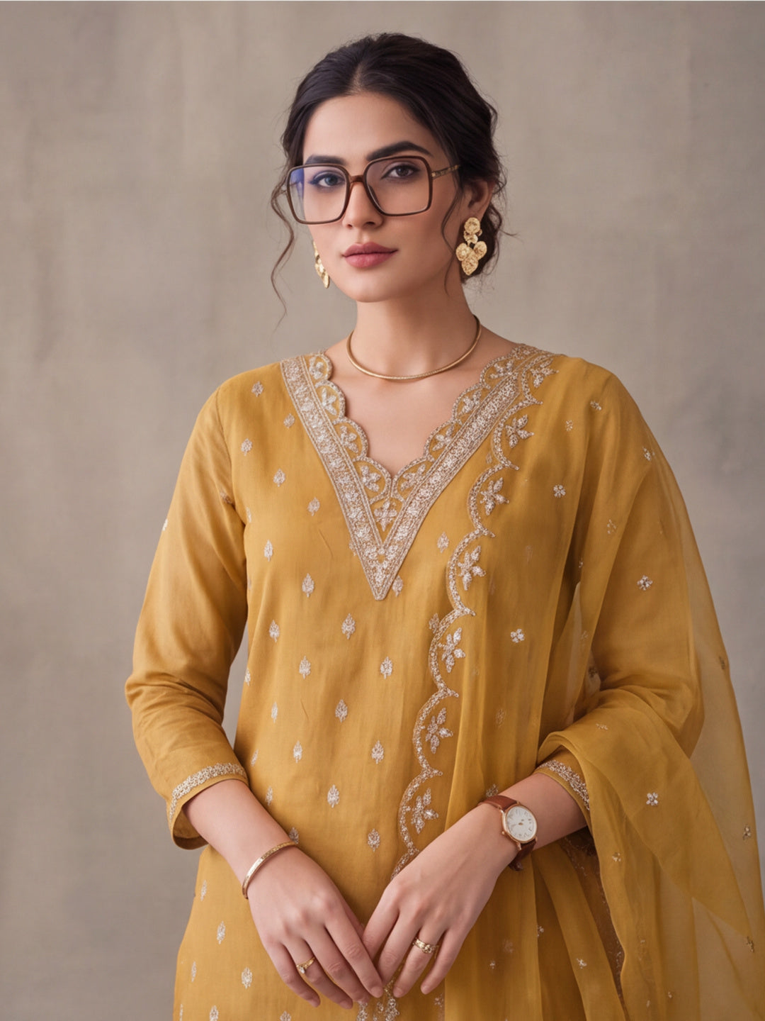 Women's Mustard Embroidered Kurta Set with Dupatta | Festive Straight Ethnic Party Wear Suit