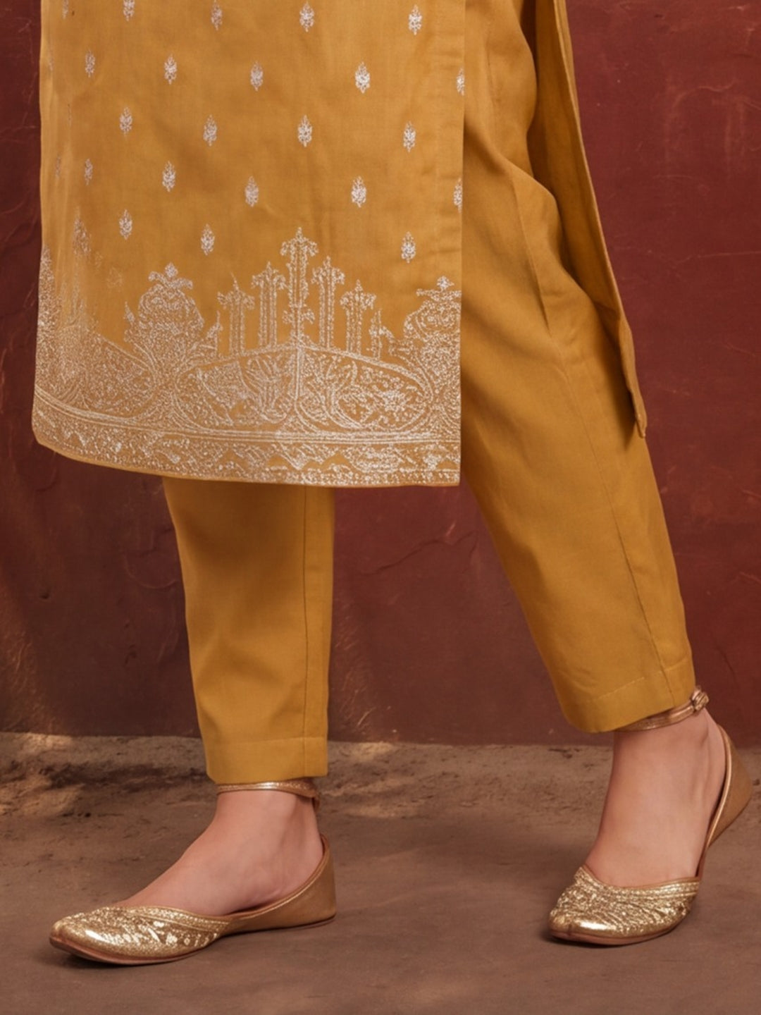 Women's Mustard Embroidered Kurta Set with Dupatta | Festive Straight Ethnic Party Wear Suit