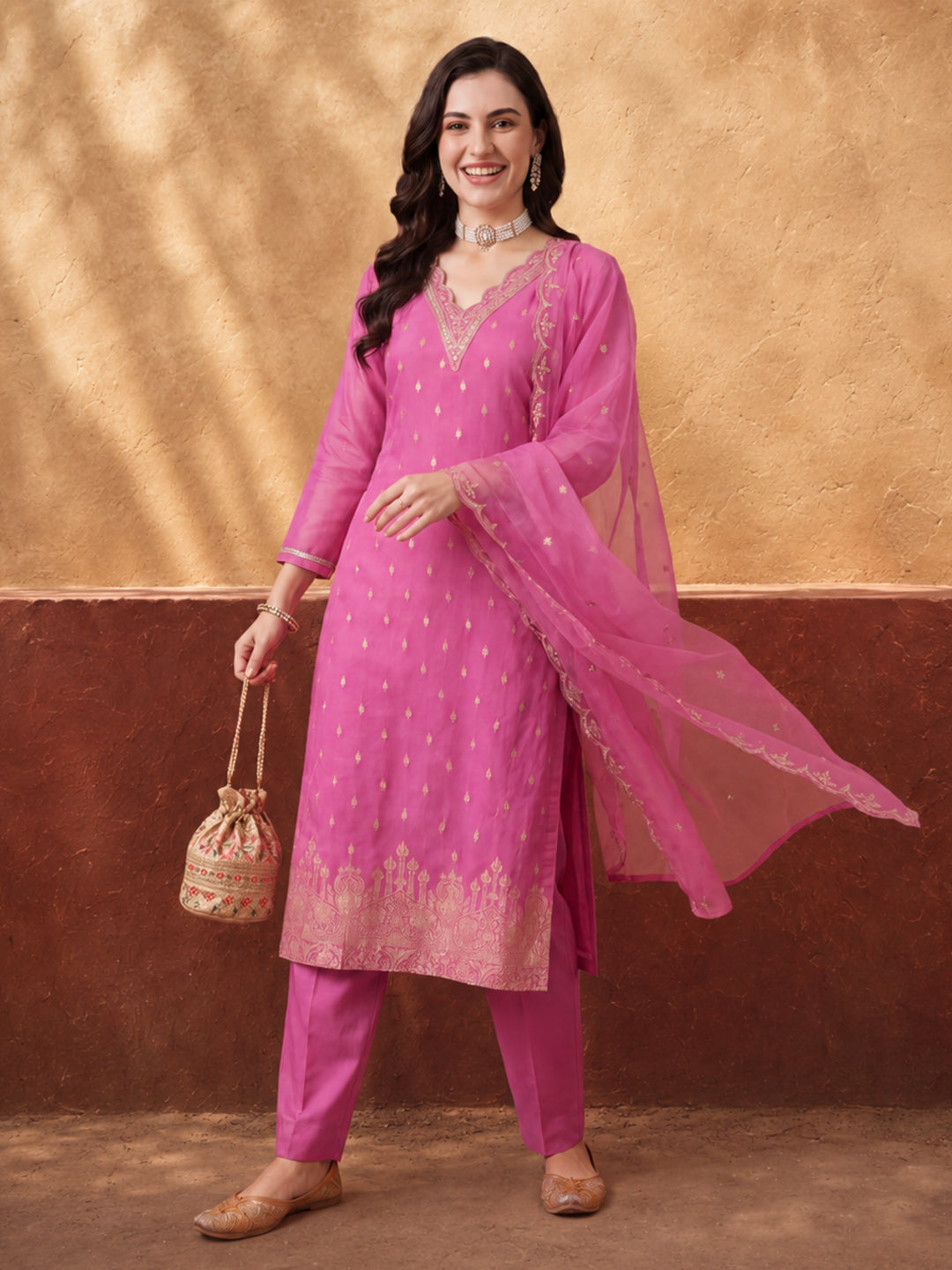 Women's Pink Embroidered Kurta Set with Dupatta | Festive Straight Ethnic Party Wear Suit