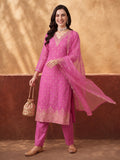 Women's Pink Embroidered Kurta Set with Dupatta | Festive Straight Ethnic Party Wear Suit