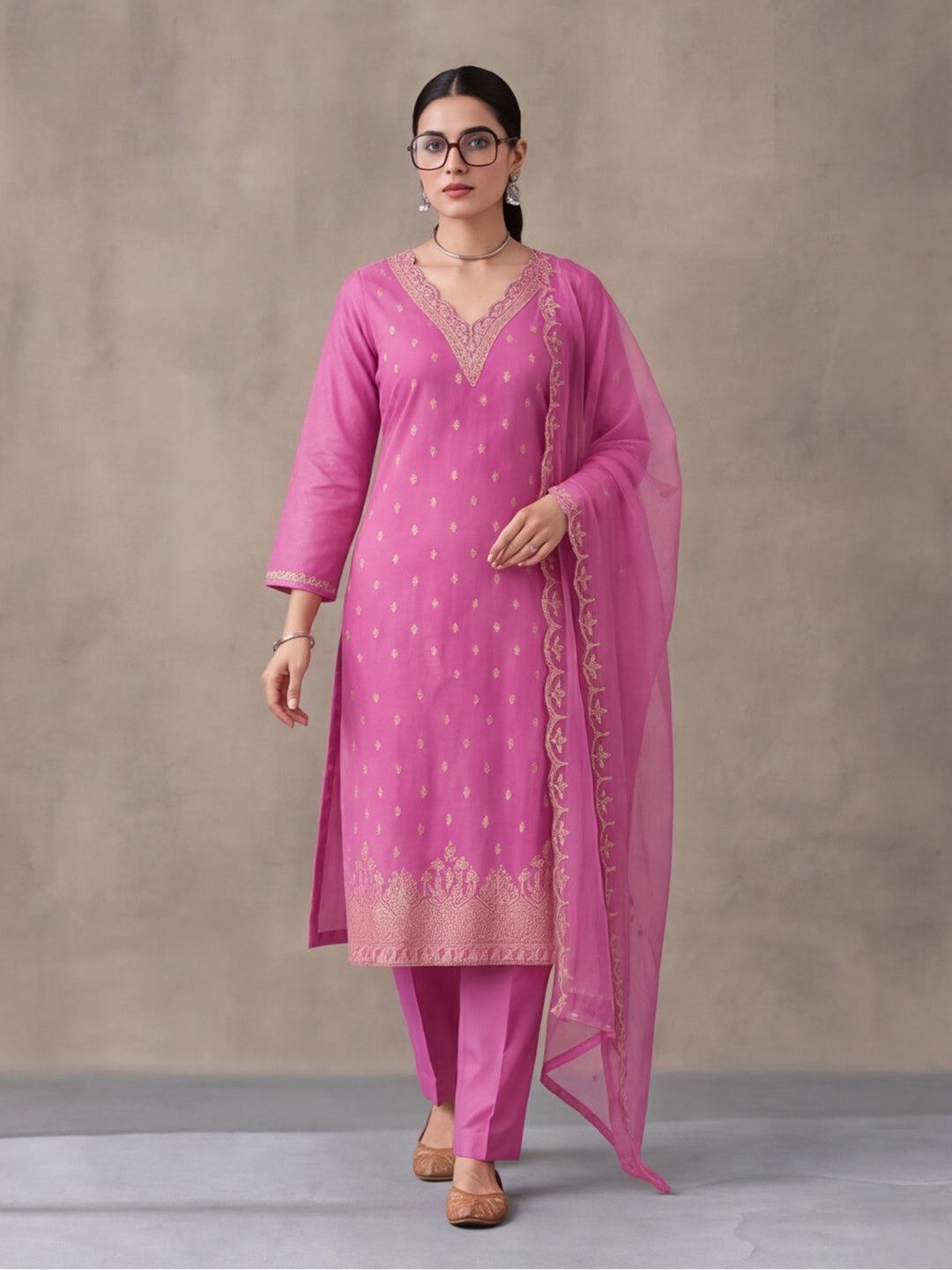 Women's Pink Embroidered Kurta Set with Dupatta | Festive Straight Ethnic Party Wear Suit