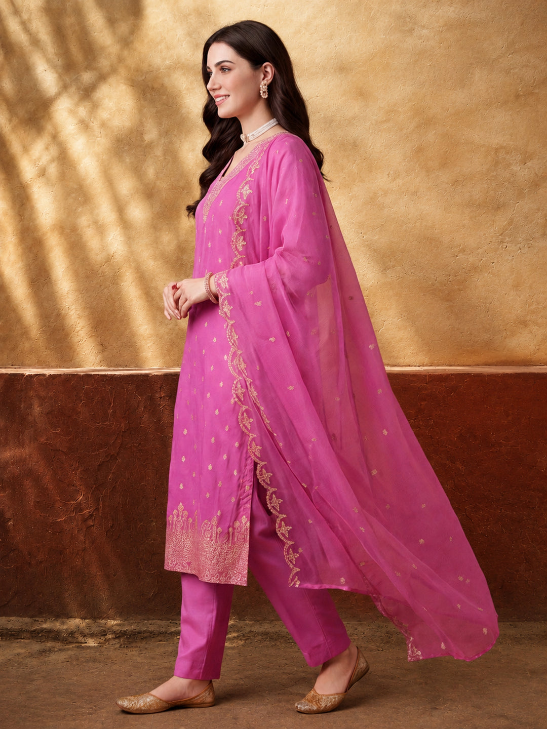 Women's Pink Embroidered Kurta Set with Dupatta | Festive Straight Ethnic Party Wear Suit