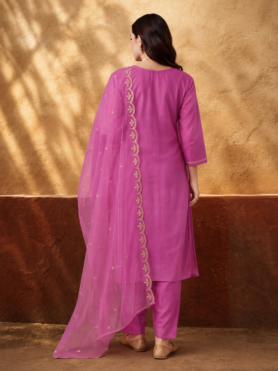 Women's Pink Embroidered Kurta Set with Dupatta | Festive Straight Ethnic Party Wear Suit
