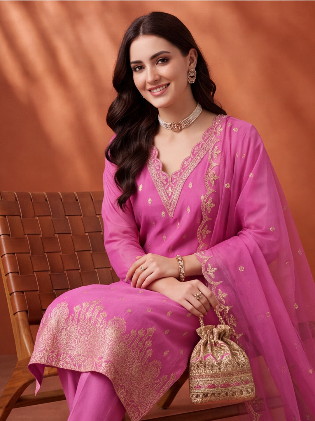 Women's Pink Embroidered Kurta Set with Dupatta | Festive Straight Ethnic Party Wear Suit