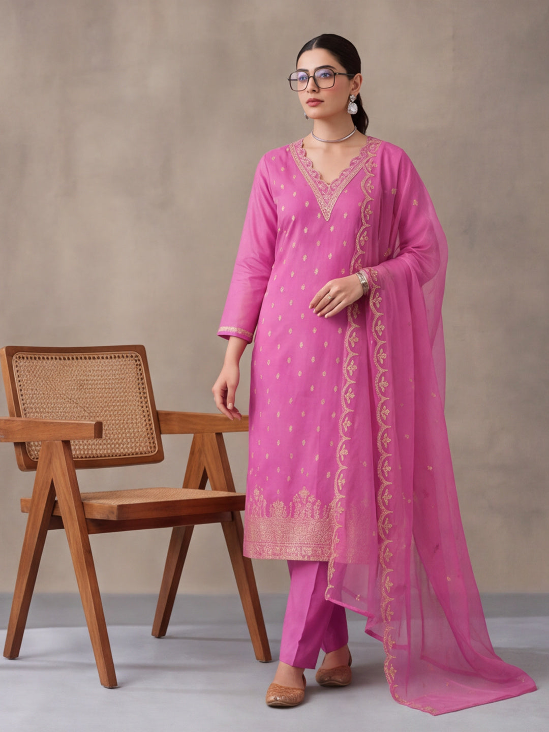 Women's Pink Embroidered Kurta Set with Dupatta | Festive Straight Ethnic Party Wear Suit