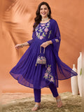 Women's Royal Blue Floral Embroidered Anarkali Kurta Set with Dupatta | Festive Ethnic Suit