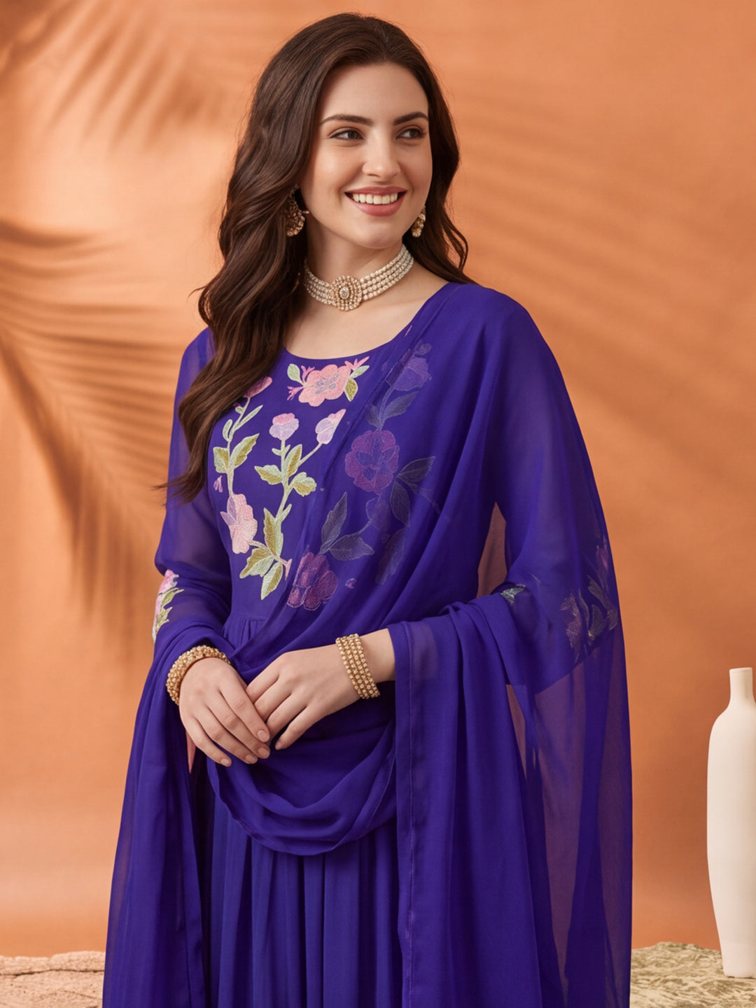 Women's Royal Blue Floral Embroidered Anarkali Kurta Set with Dupatta | Festive Ethnic Suit