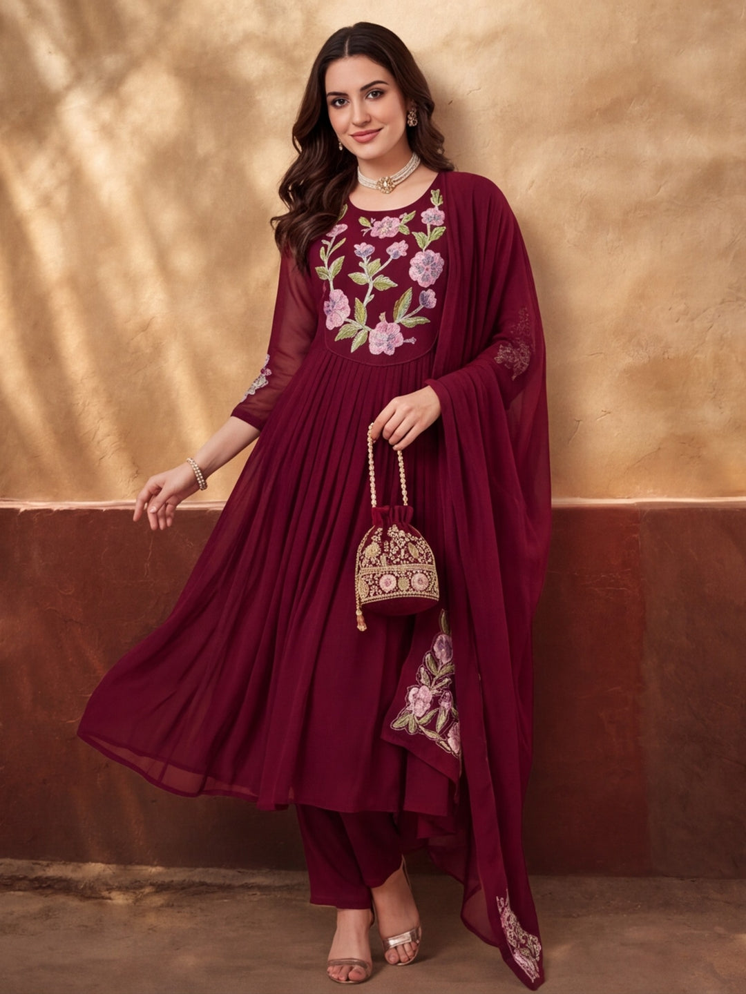 Women's Maroon Floral Embroidered Anarkali Kurta Set with Dupatta | Festive Ethnic Suit