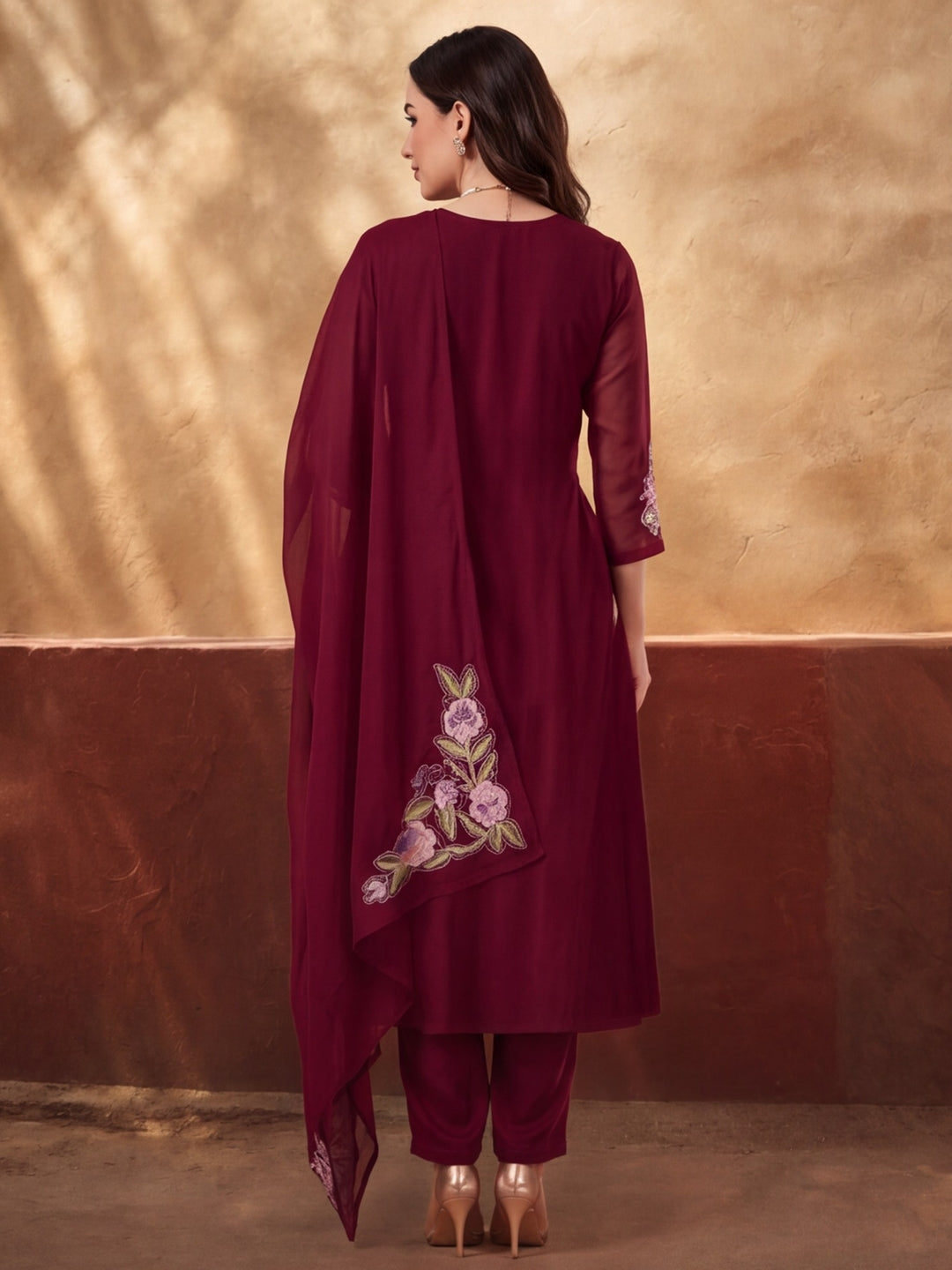 Women's Maroon Floral Embroidered Anarkali Kurta Set with Dupatta | Festive Ethnic Suit