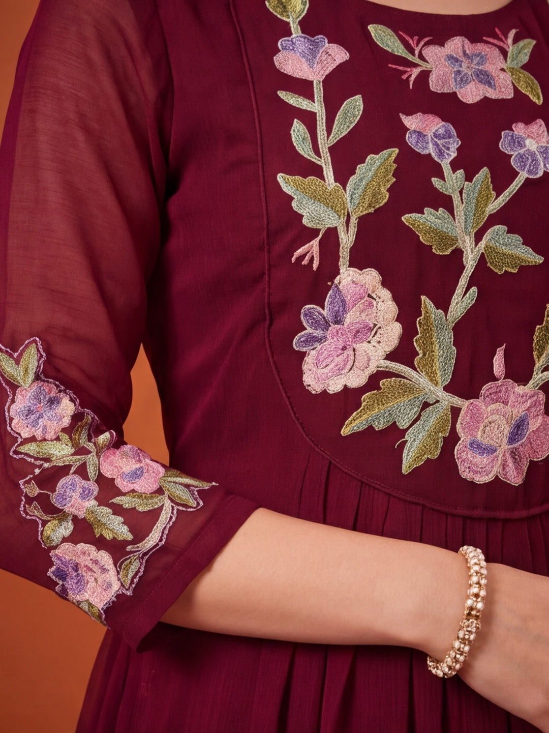 Women's Maroon Floral Embroidered Anarkali Kurta Set with Dupatta | Festive Ethnic Suit