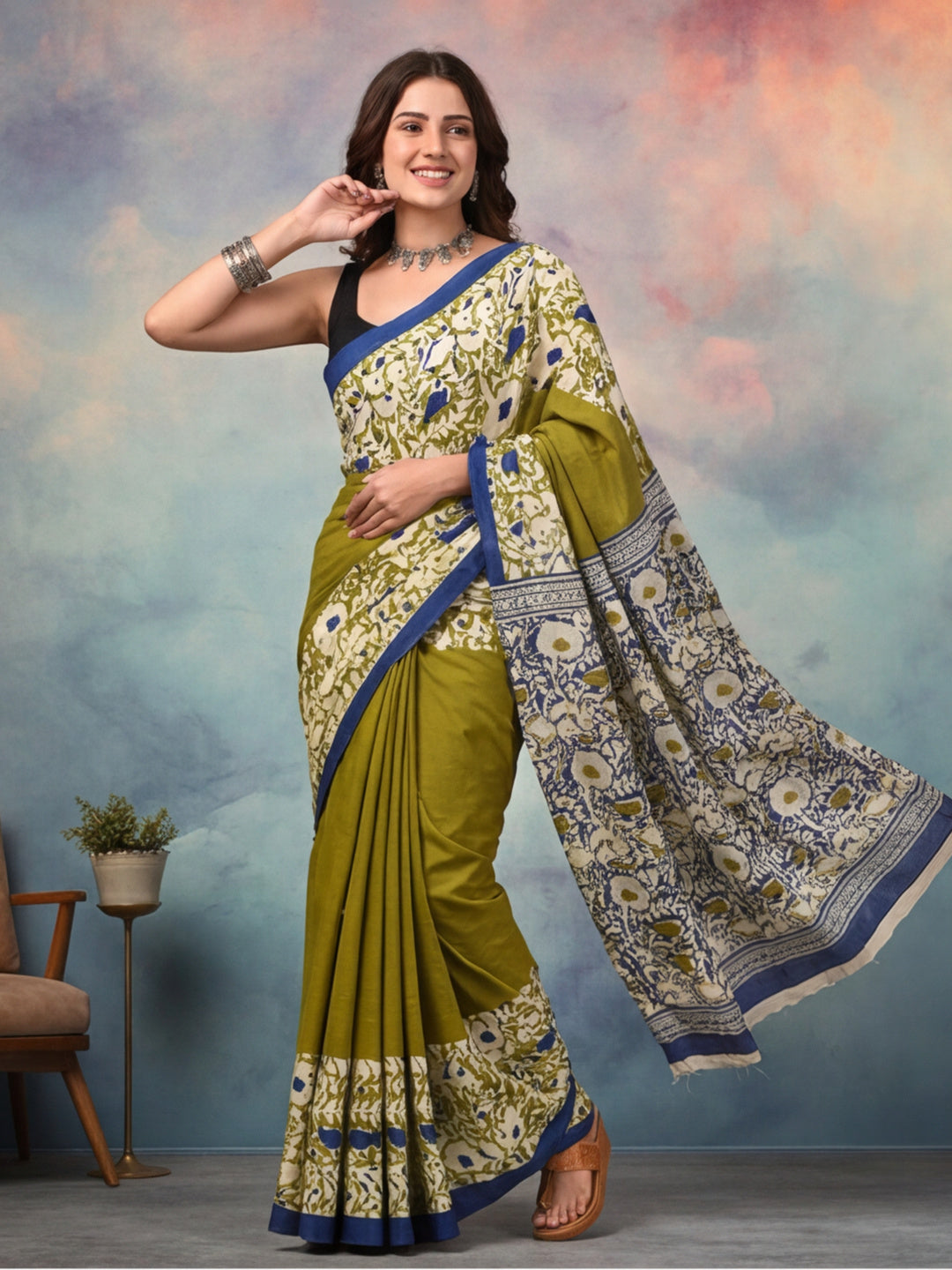 Floral Pure Cotton Saree with Unstiched Blouse