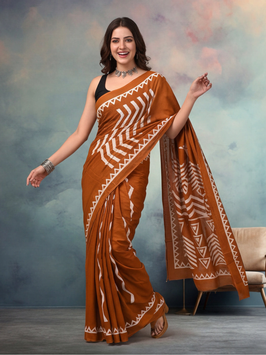 Geometric Pure Cotton Saree with Unstiched Blouse