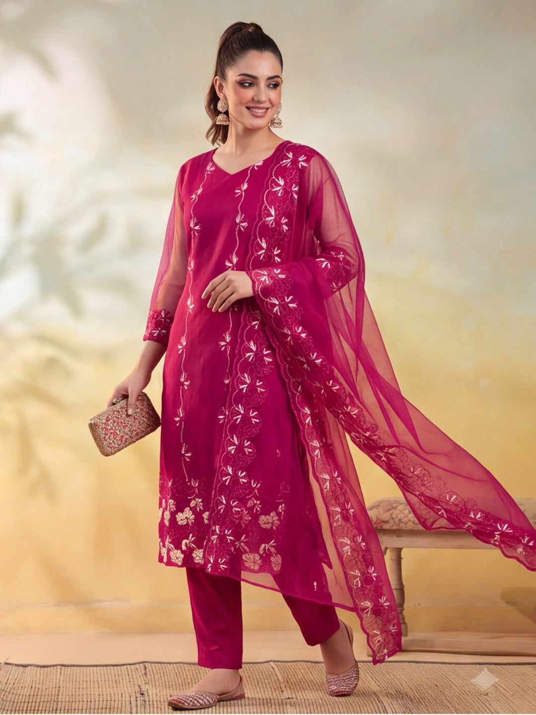 Women Floral Embroidery Rani Pink Kurta Set with Dupatta