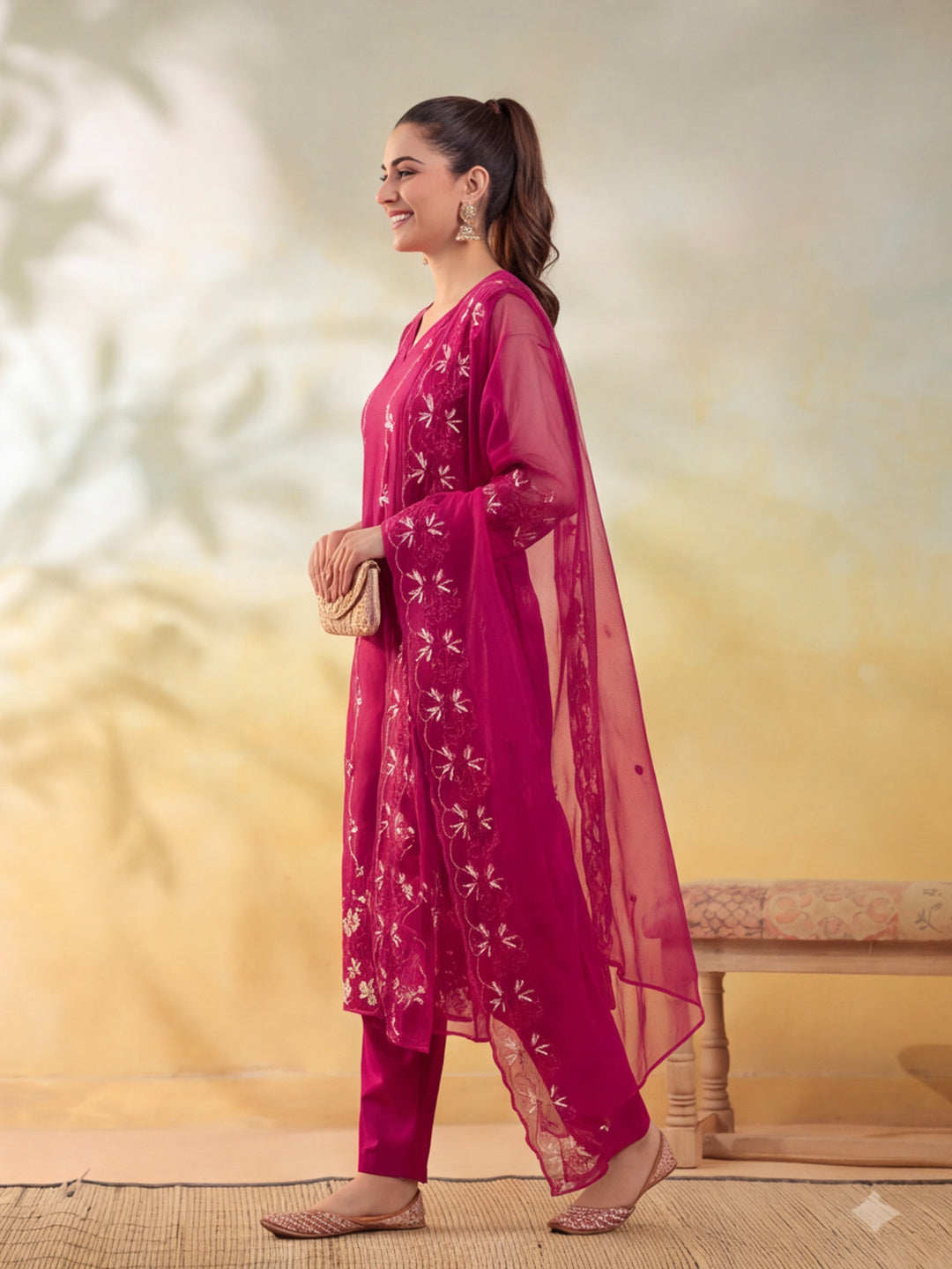 Women Floral Embroidery Rani Pink Kurta Set with Dupatta