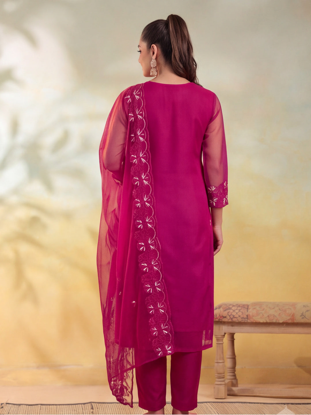 Women Floral Embroidery Rani Pink Kurta Set with Dupatta