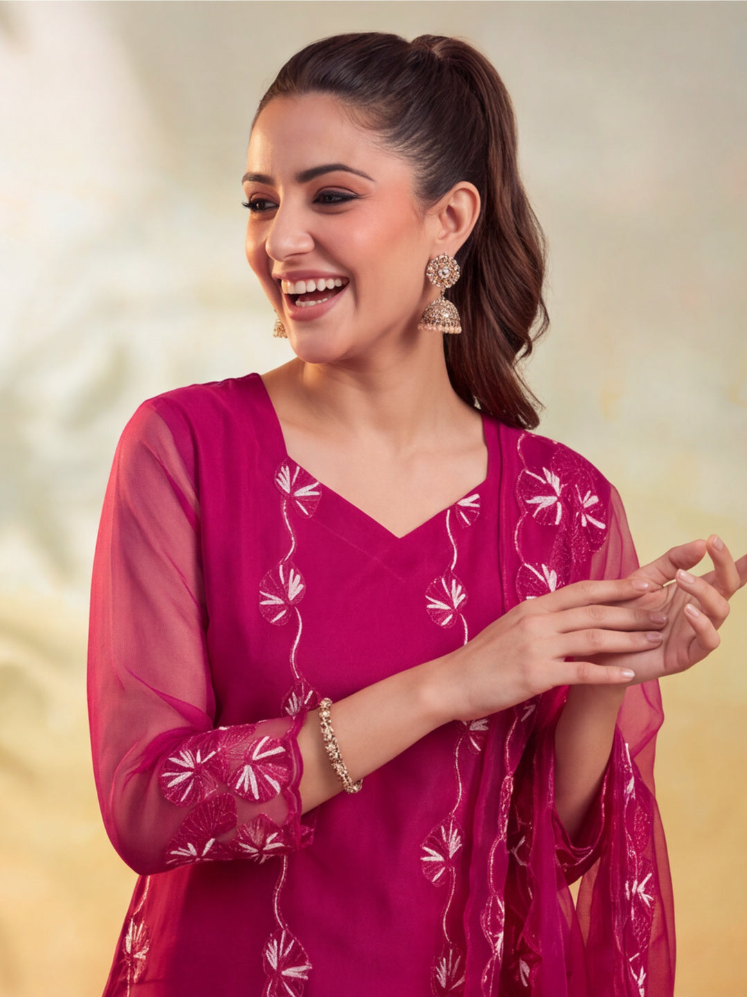 Women Floral Embroidery Rani Pink Kurta Set with Dupatta