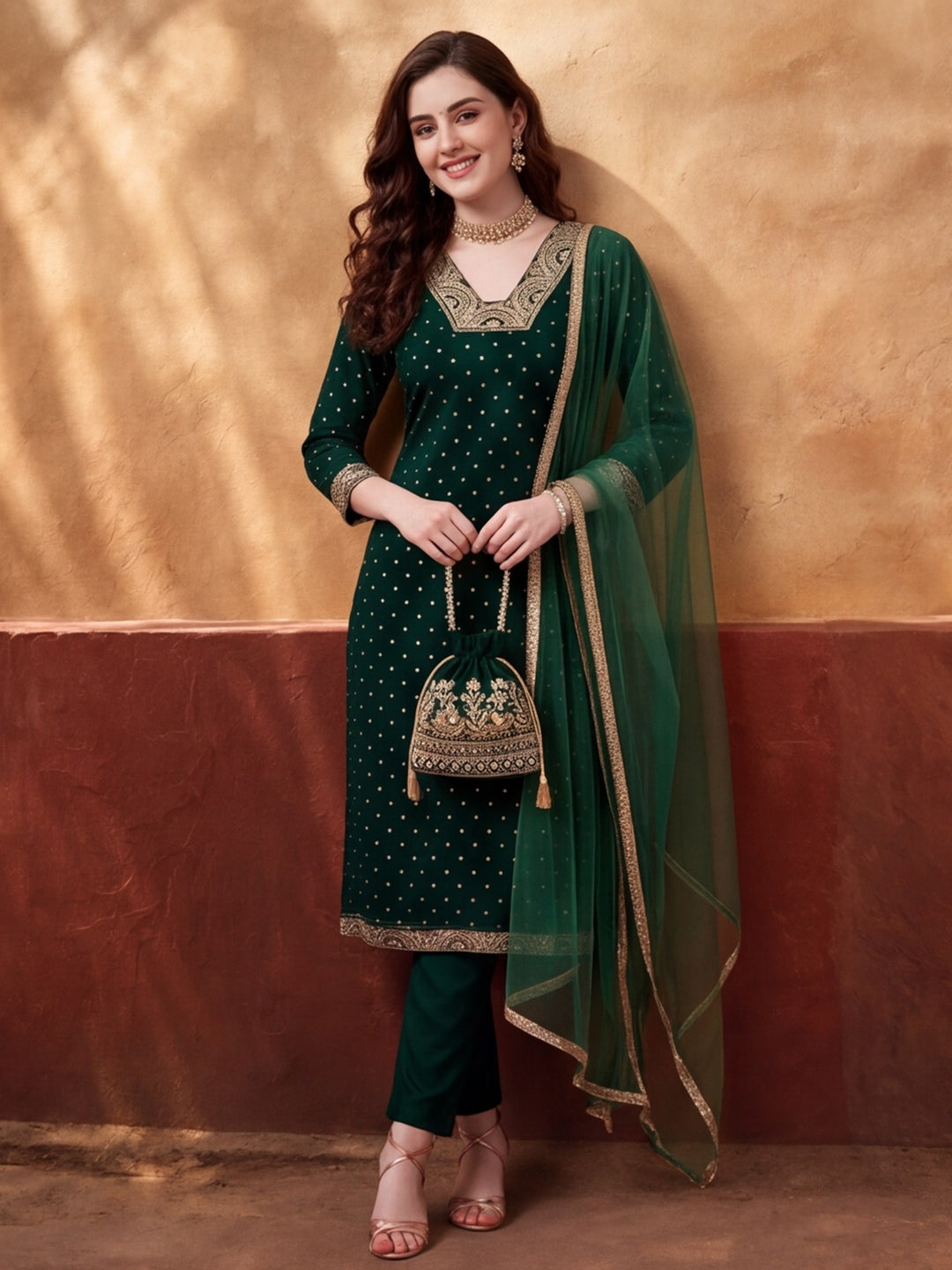Women's Green Heavy Zari Weaving Kurta Set with Dupatta | Festive Ethnic Straight Suit