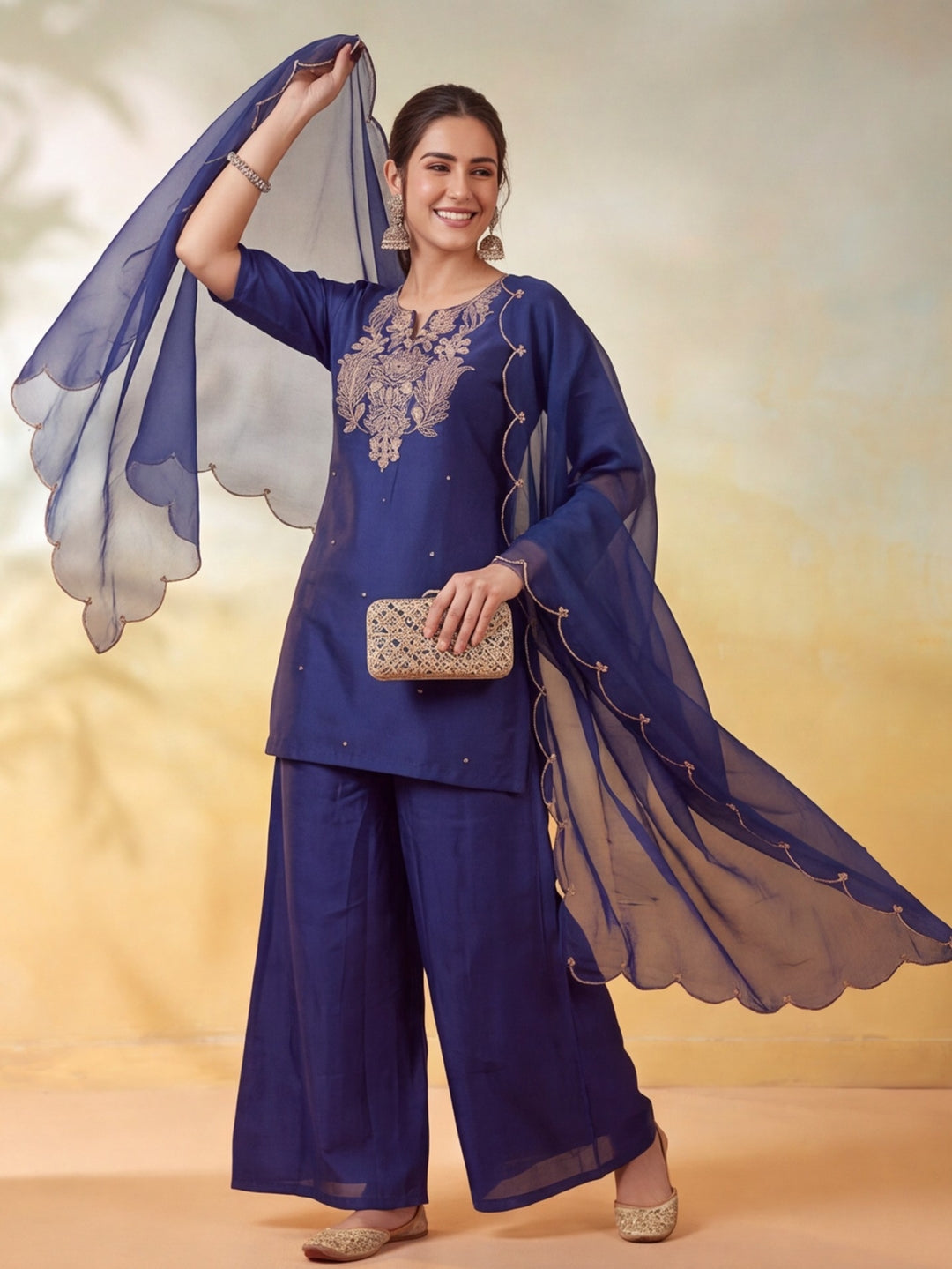 Women Embroidery Navy Blue Kurta Set with Dupatta