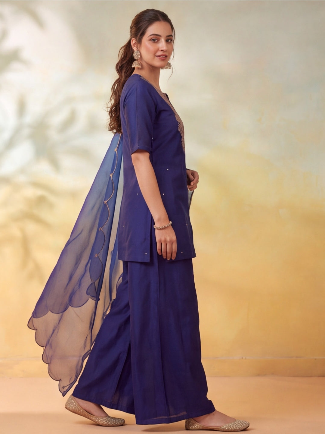 Women Embroidery Navy Blue Kurta Set with Dupatta