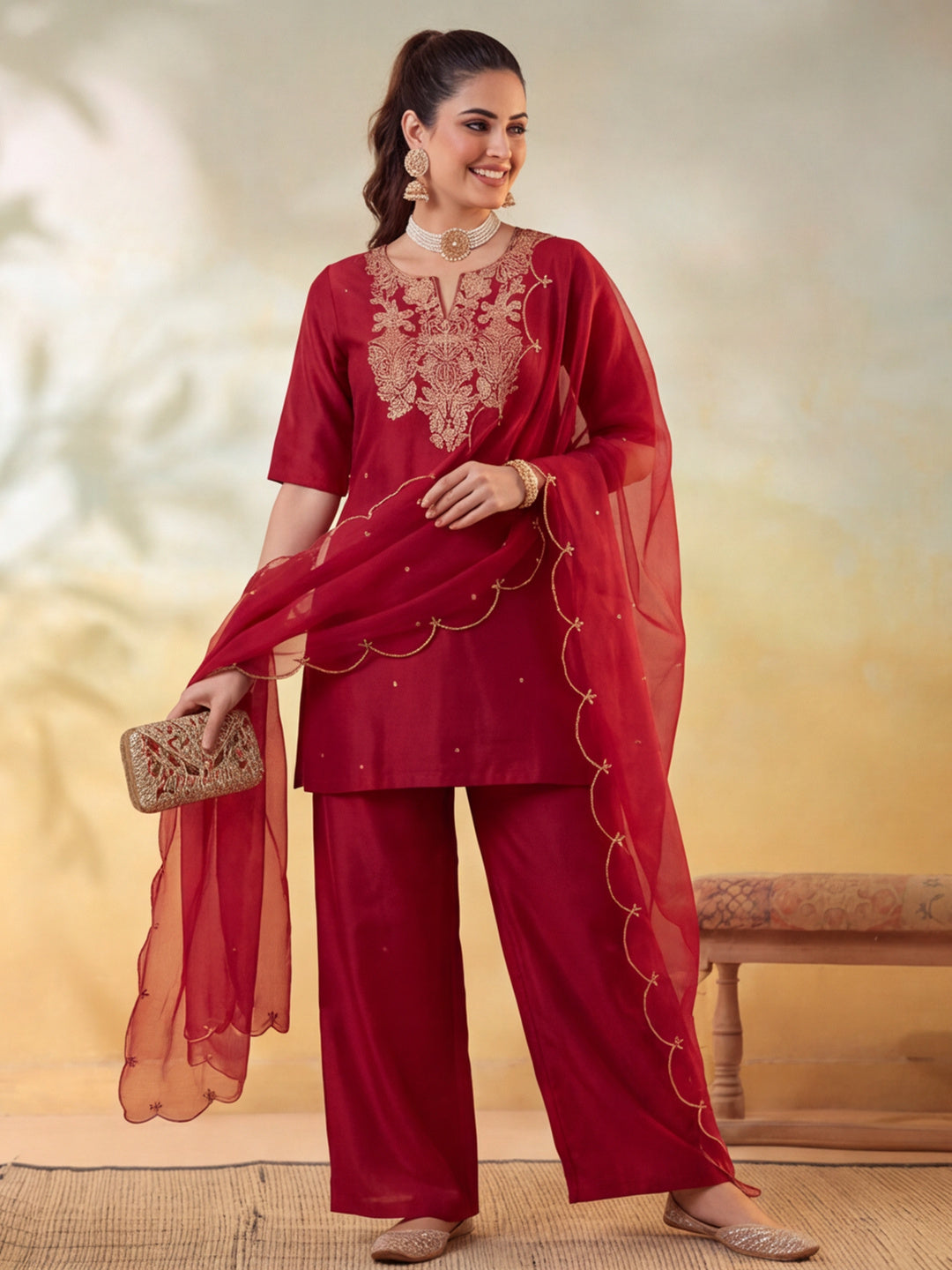 Women Embroidery Maroon Kurta Set with Dupatta
