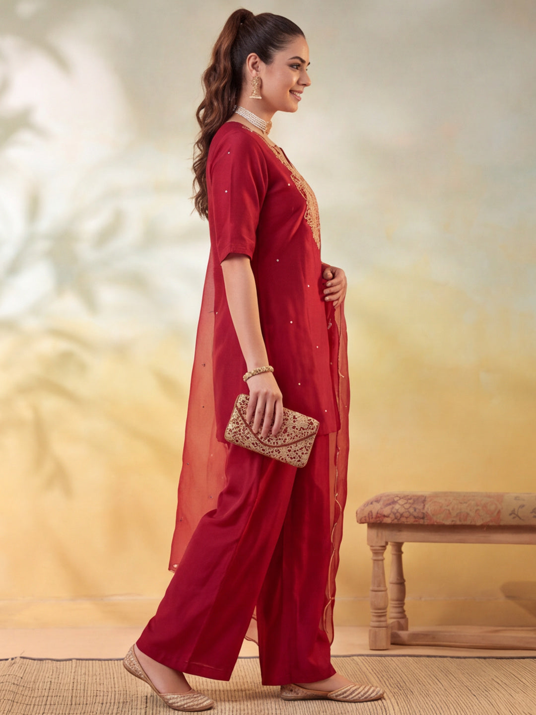 Women Embroidery Maroon Kurta Set with Dupatta