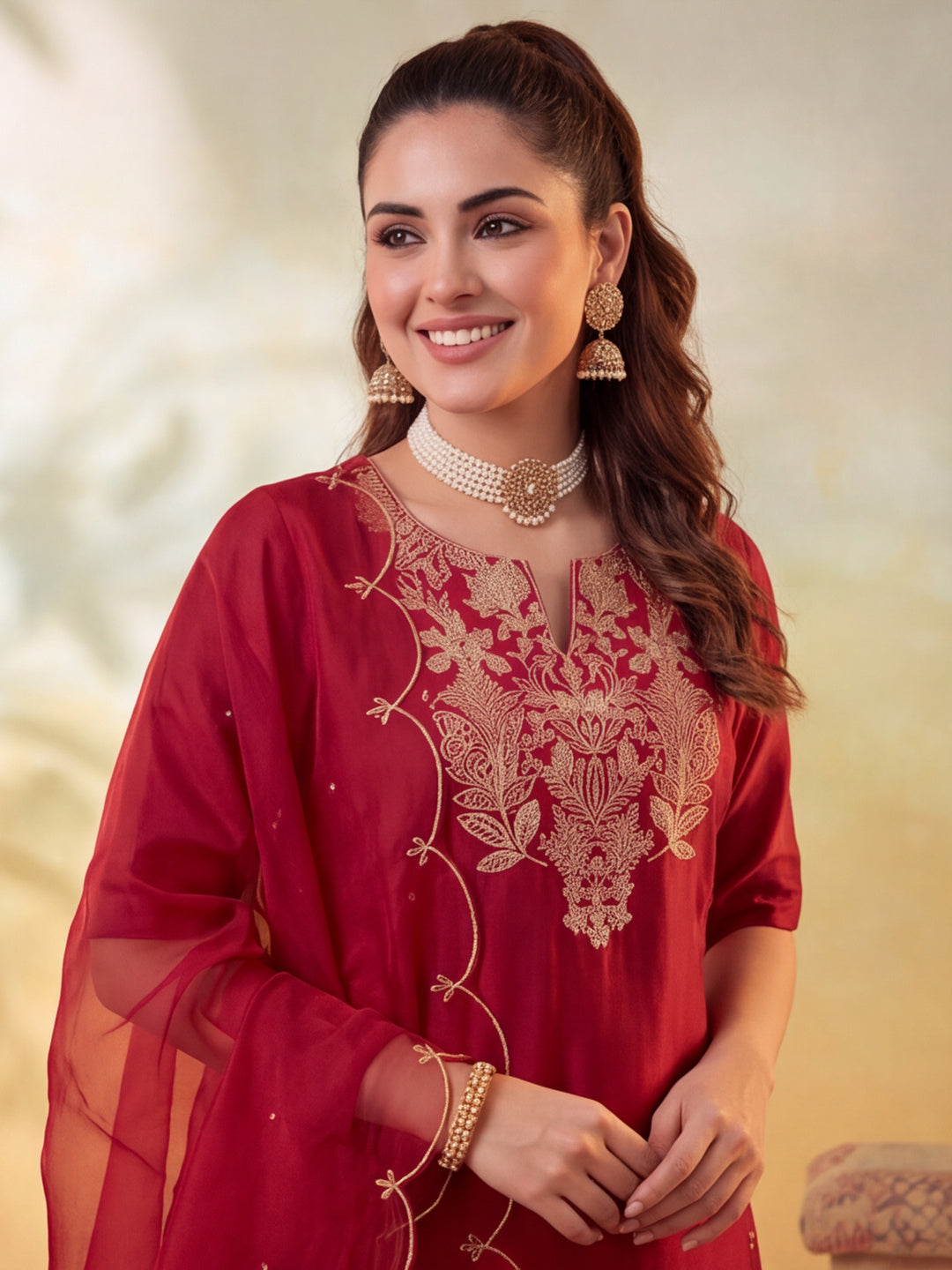 Women Embroidery Maroon Kurta Set with Dupatta