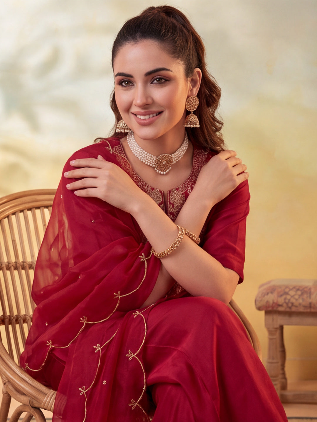 Women Embroidery Maroon Kurta Set with Dupatta