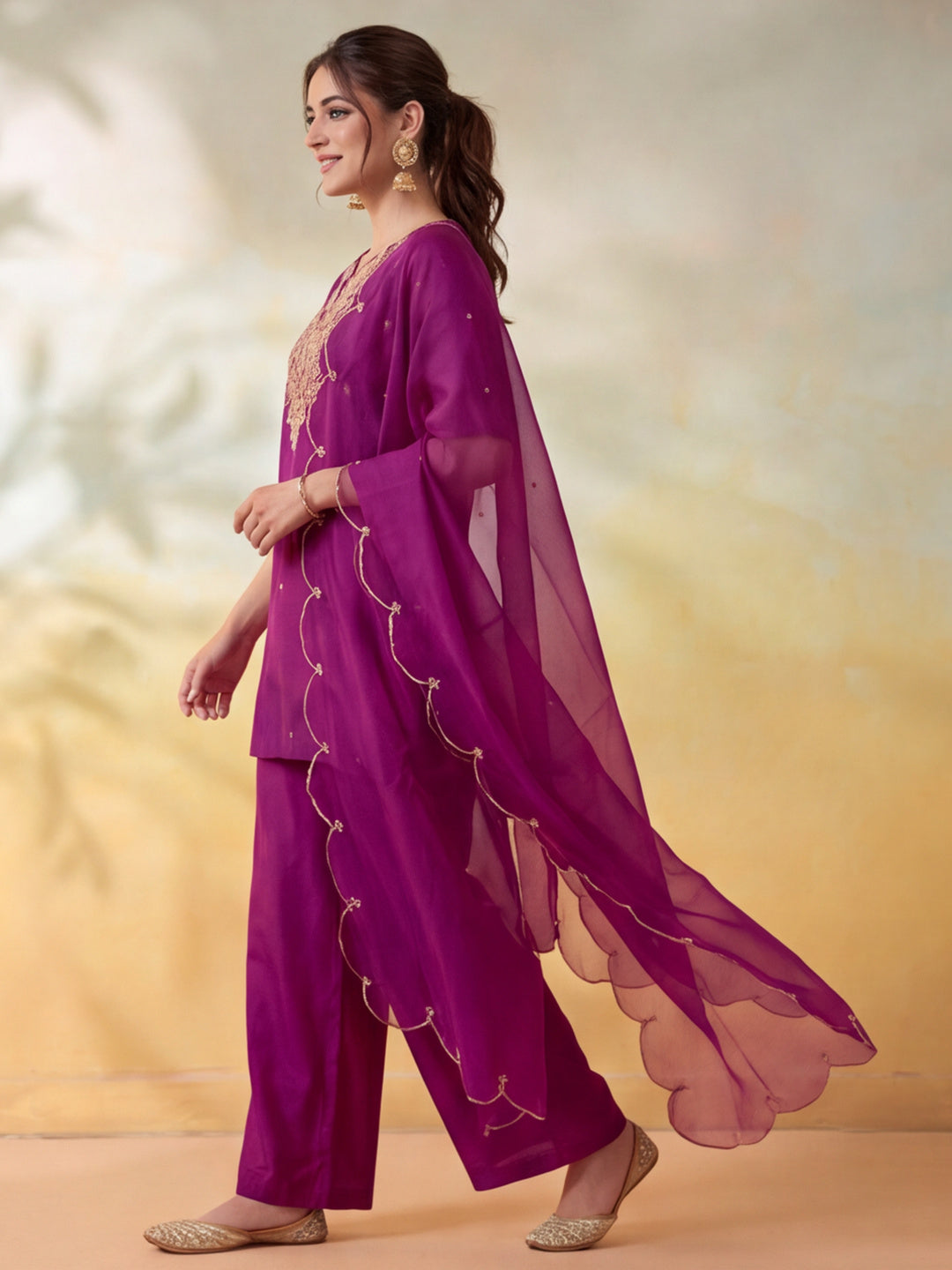 Women Embroidery Purple Kurta Set with Dupatta