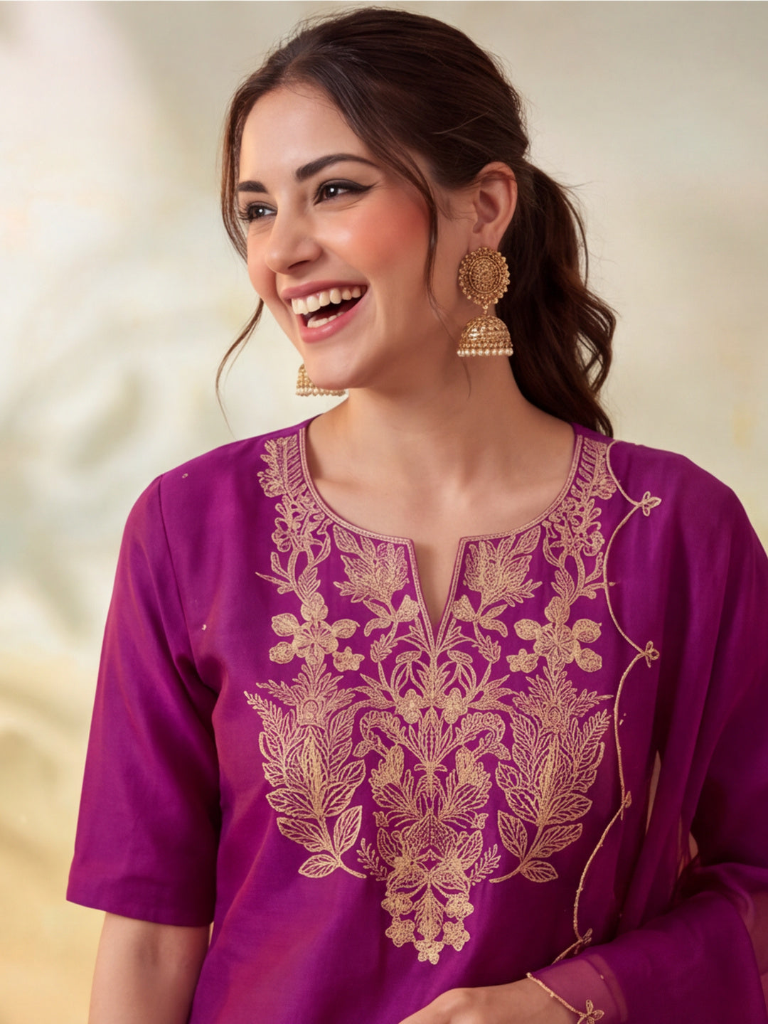Women Embroidery Purple Kurta Set with Dupatta