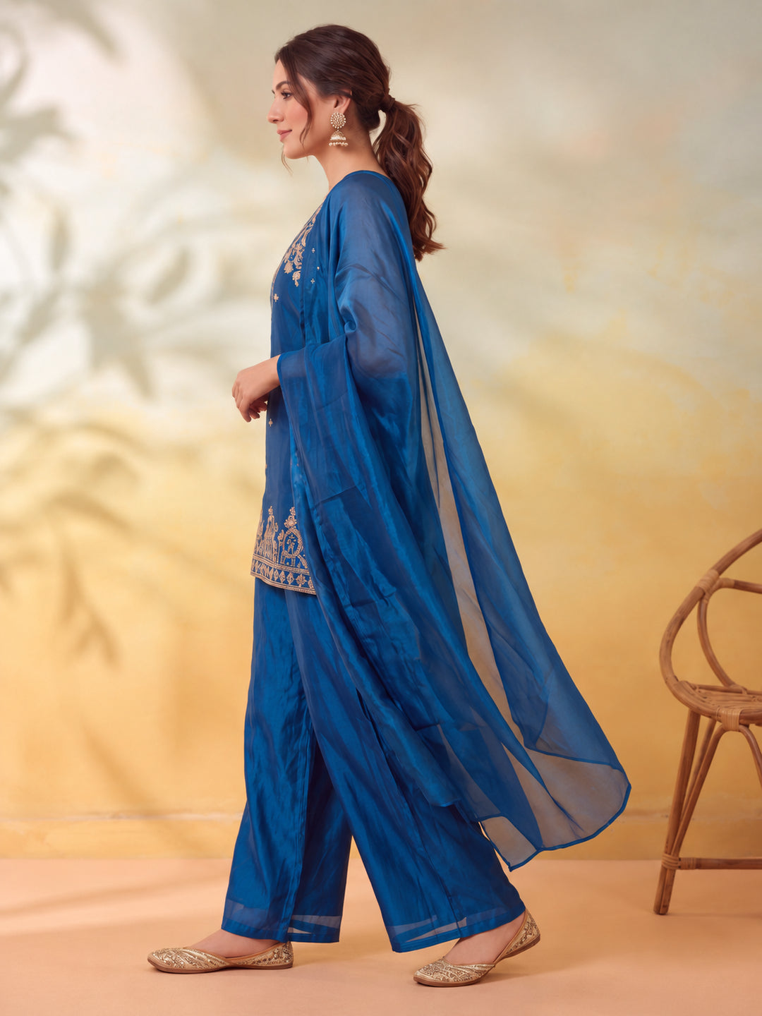 Women Embroidery Blue Kurta Set with Dupatta