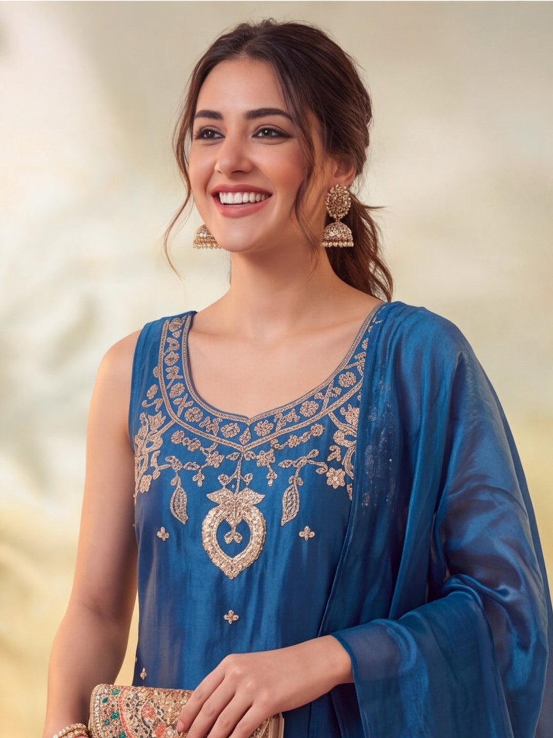 Women Embroidery Blue Kurta Set with Dupatta