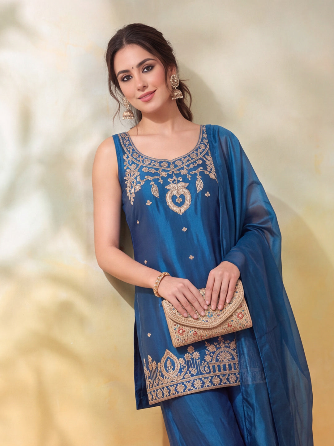 Women Embroidery Blue Kurta Set with Dupatta