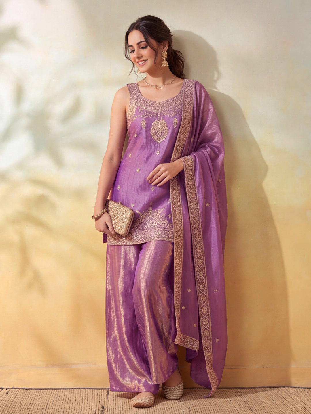 Women Embroidery Purple Kurta Set with Dupatta
