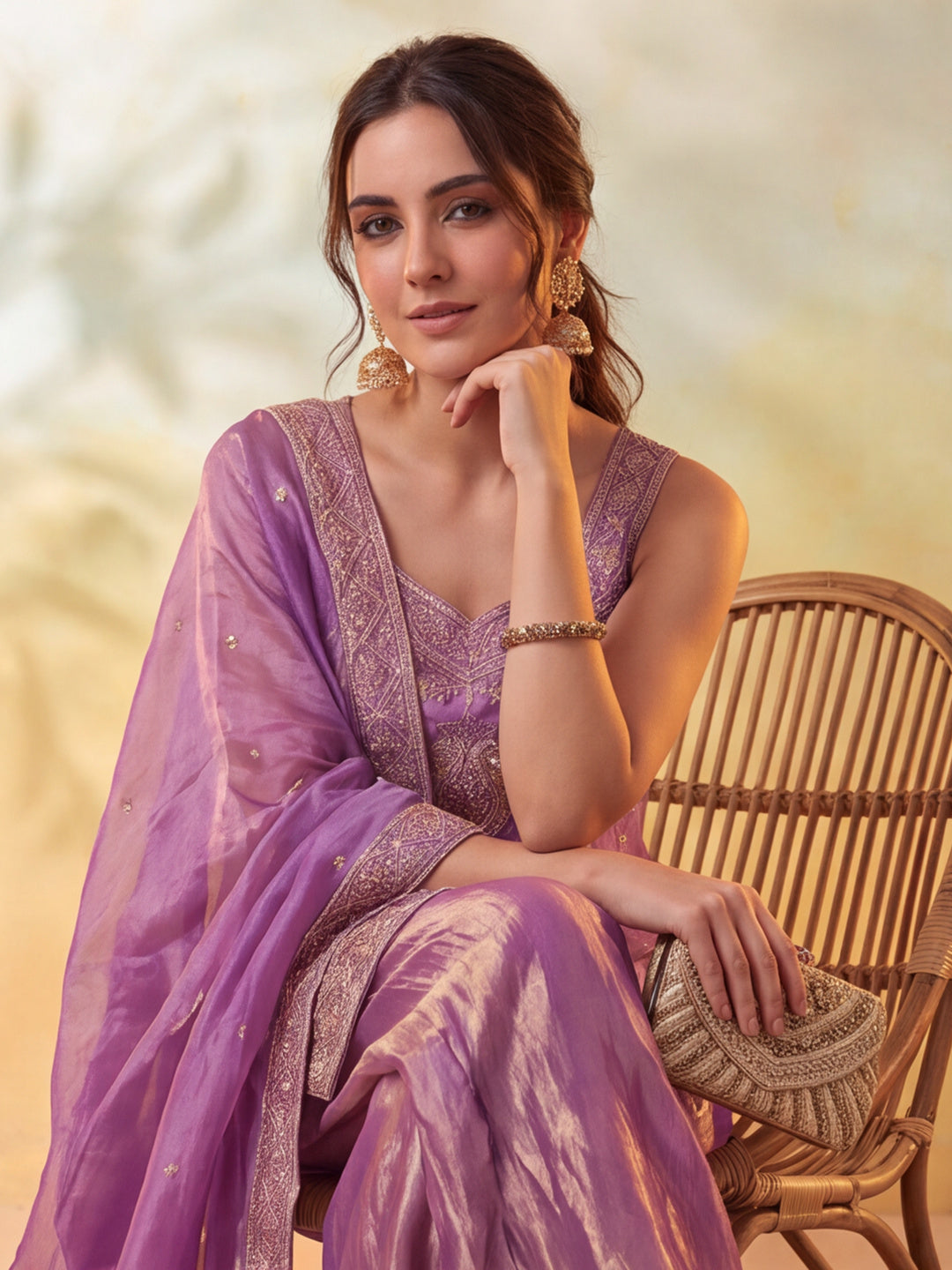 Women Embroidery Purple Kurta Set with Dupatta