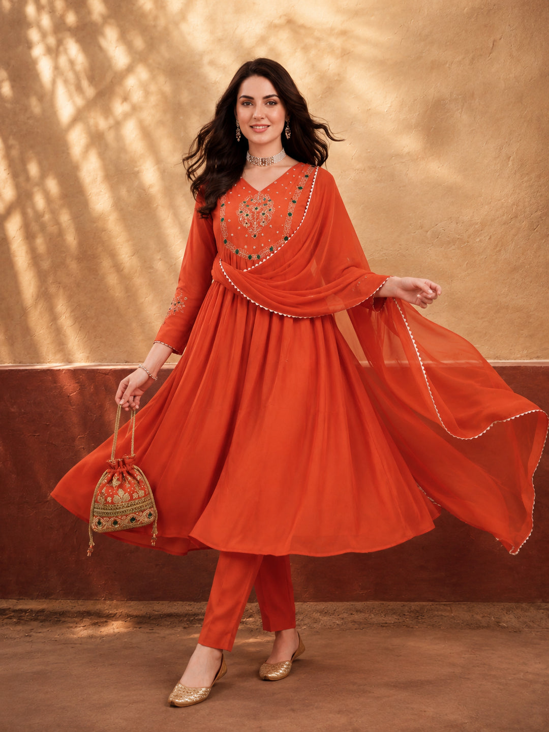 Women's Orange Embroidered Kurta Set with Dupatta | Festive Straight Ethnic Party Wear Suit
